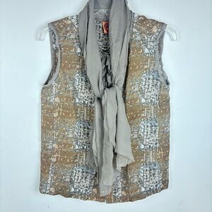 Tory Burch sleeveless blouse w/scarf & ruffles-gold/grey pattern-woman’s 4
